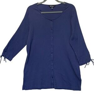 Ulla Popken Button Down Top Women's Three Quarter Sleeve Blue gauze Blouse